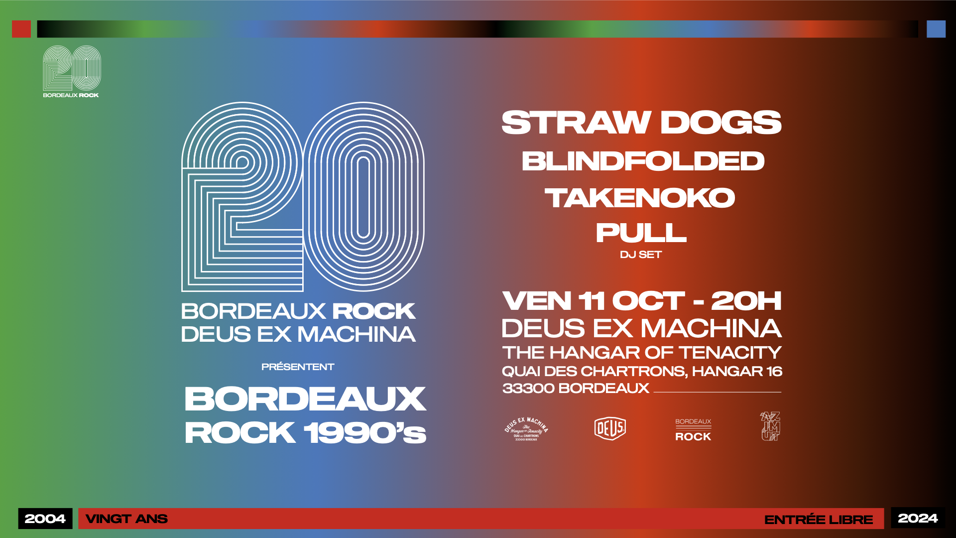 Visuel Bordeaux Rock Fête ses 20 ans pour la soirée du 11 octobre 2024 avec Straw Dogs, Blindfolded, Takenoko et Pull Dj Set